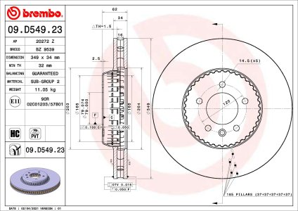 Tarcza hamulcowa BREMBO 09.D549.23 LR132808 LAND ROVER DEFENDER 19- przód