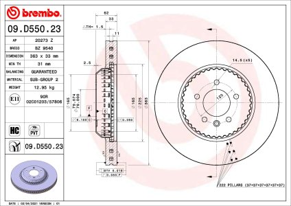 Tarcza hamulcowa BREMBO 09.D550.23 LR132809 LAND ROVER DEFENDER 19- przód
