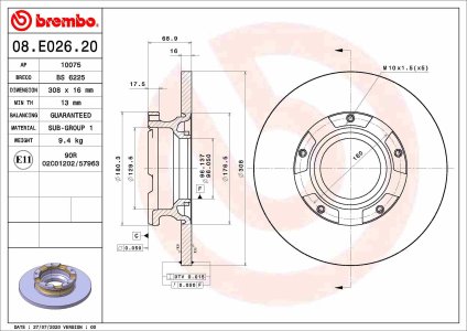 Tarcza hamulcowa BREMBO 08.E026.20 2040064 FORD TRANSIT 16- tył