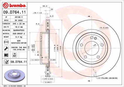 Tarcza hamulcowa BREMBO 09.D764.11 4634230100 MERCEDES W463 G-KLASA 18- tył