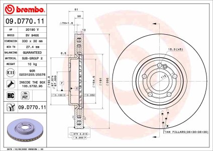 Tarcza hamulcowa BREMBO 09.D770.11 2474211912 MERCEDES W177 A-KLASA 18- przód