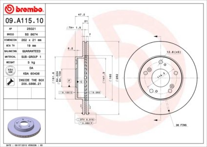 Tarcza hamulcowa BREMBO 09A11510 45251S7AJ10