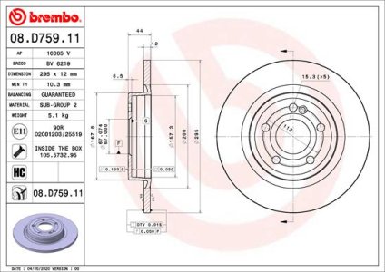TARCZA HAMULCOWA BREMBO 08 D759 11 2474230212 MERCEDES W177 A-KLASA 18- TYŁ