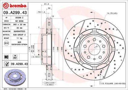 Tarcza hamulcowa BREMBO 09.A299.43 257141 MASERATI GRAN TURISMO 07- przód