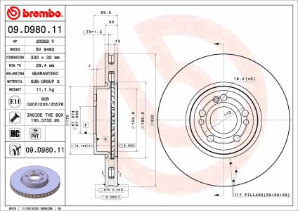 Tarcza hamulcowa BREMBO 09.D980.11 1674210601 MERCEDES V167 GLE 18-21 przód