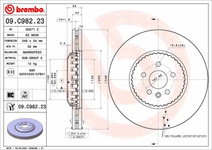 Tarcza hamulcowa BREMBO 09.C982.23 LR115006 RANGE ROVER EVOQUE 18- przód