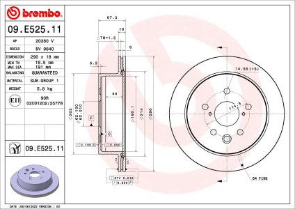 Tarcza hamulcowa BREMBO 09.E525.11 4243153020 LEXUS IS III 13- tył