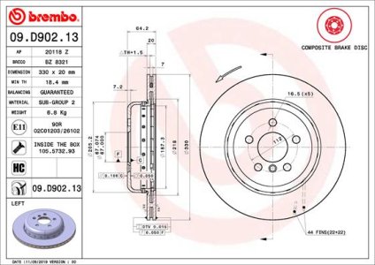 Tarcza hamulcowa BREMBO 09.D902.13 34216882245 BMW 5 G30,F90 16- Tył Lewy