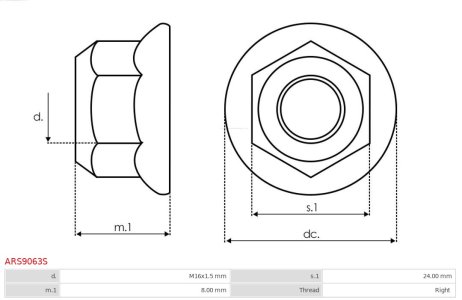 Nakrętka koła pasowego alternatora AS-PL ARS9063S 